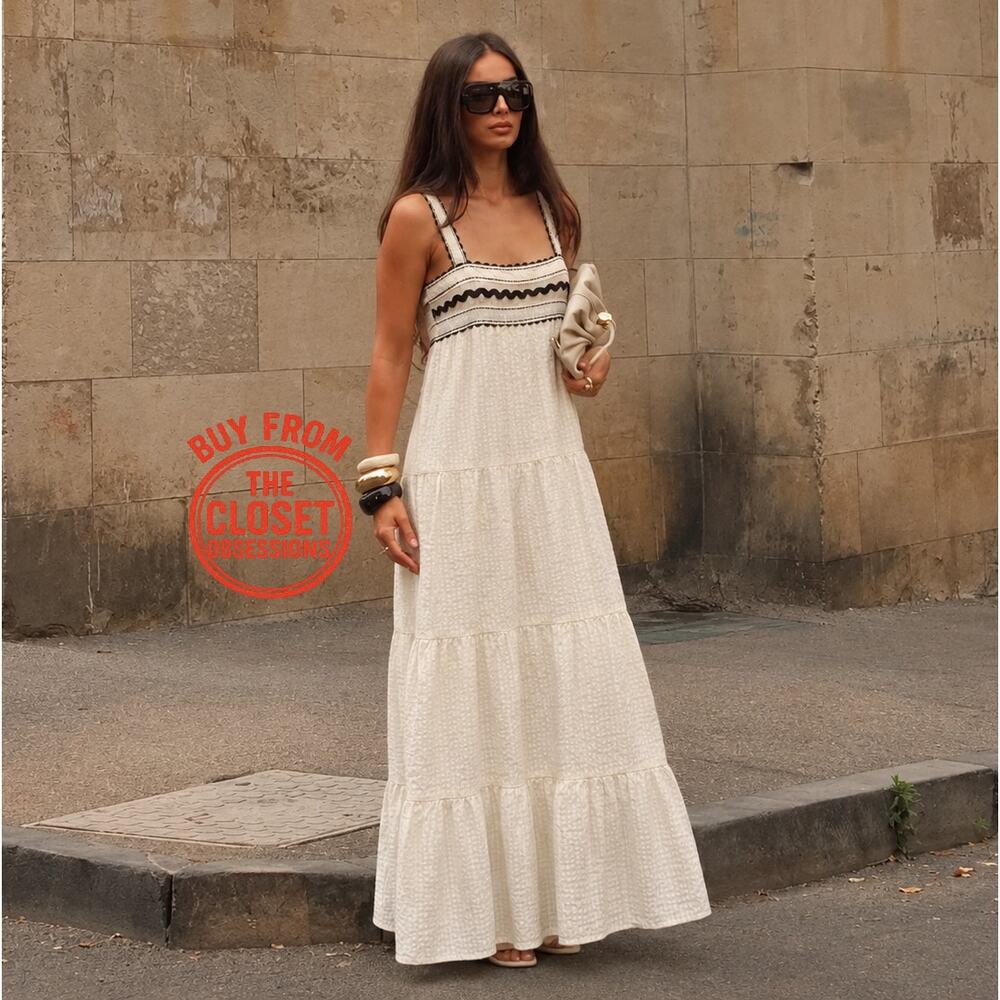 Zara NWT Cream Seersucker Cotton Tiered Midi Dress Lace Applique M - Picture 10 of 16